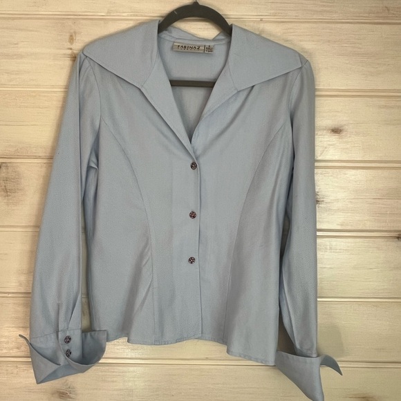Farinaz Taghavi Tops - Farinaz Taghavi Size 6 Button Down Shirt Blouse Herringbone Cotton Blue Office